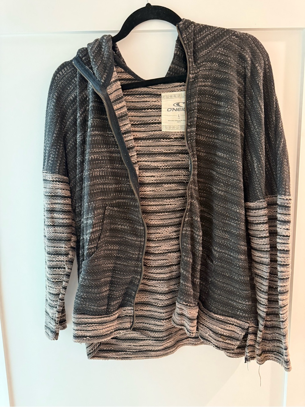 O'Neill Men's Gray & Cream Striped Zip-Up Hooded Sweater